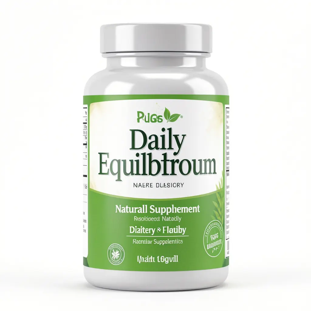 Daily Equilibrium natural dietary supplement bottle with green label on a white background
